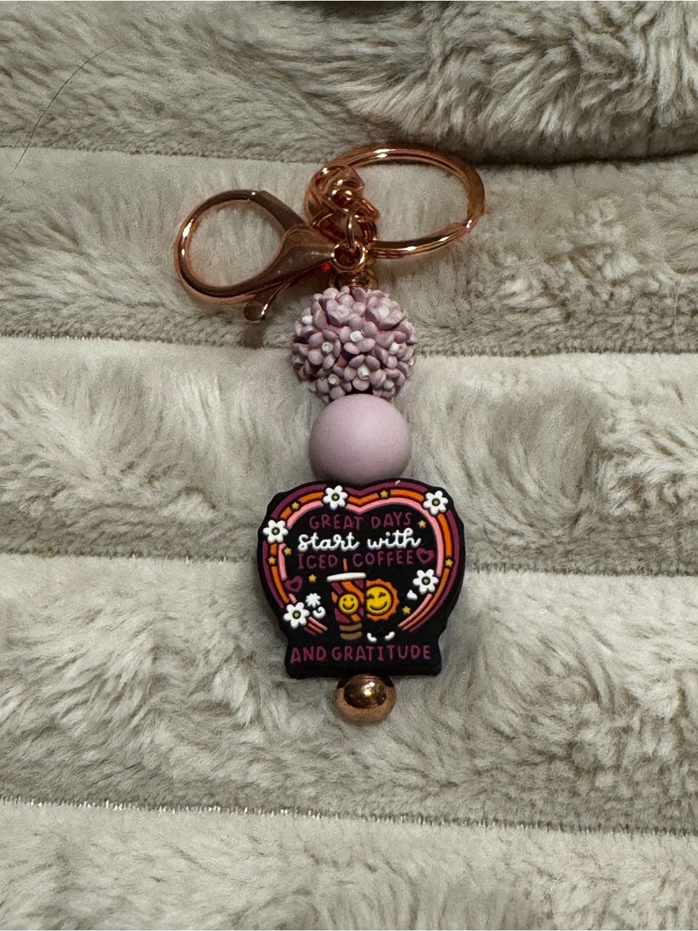 Rose Gold Keyring with Pink Beads and Coffee Charm